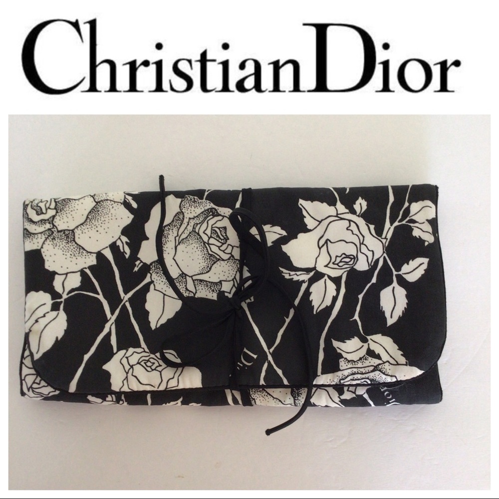 VINTAGE CHRISTIAN DIOR BLACK AND WHITE ROSES TRI FOLD TRAVEL BAG VERY RARE